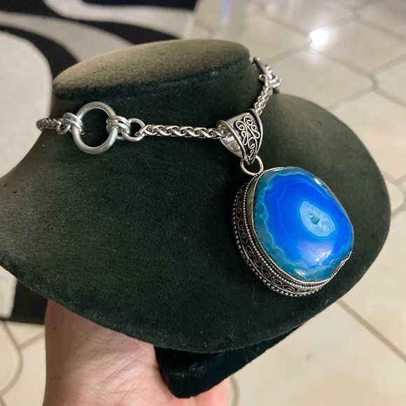 925 sterling silver overlay blue agate slice gemstone charm boho necklace . - Picture 6 of 13
